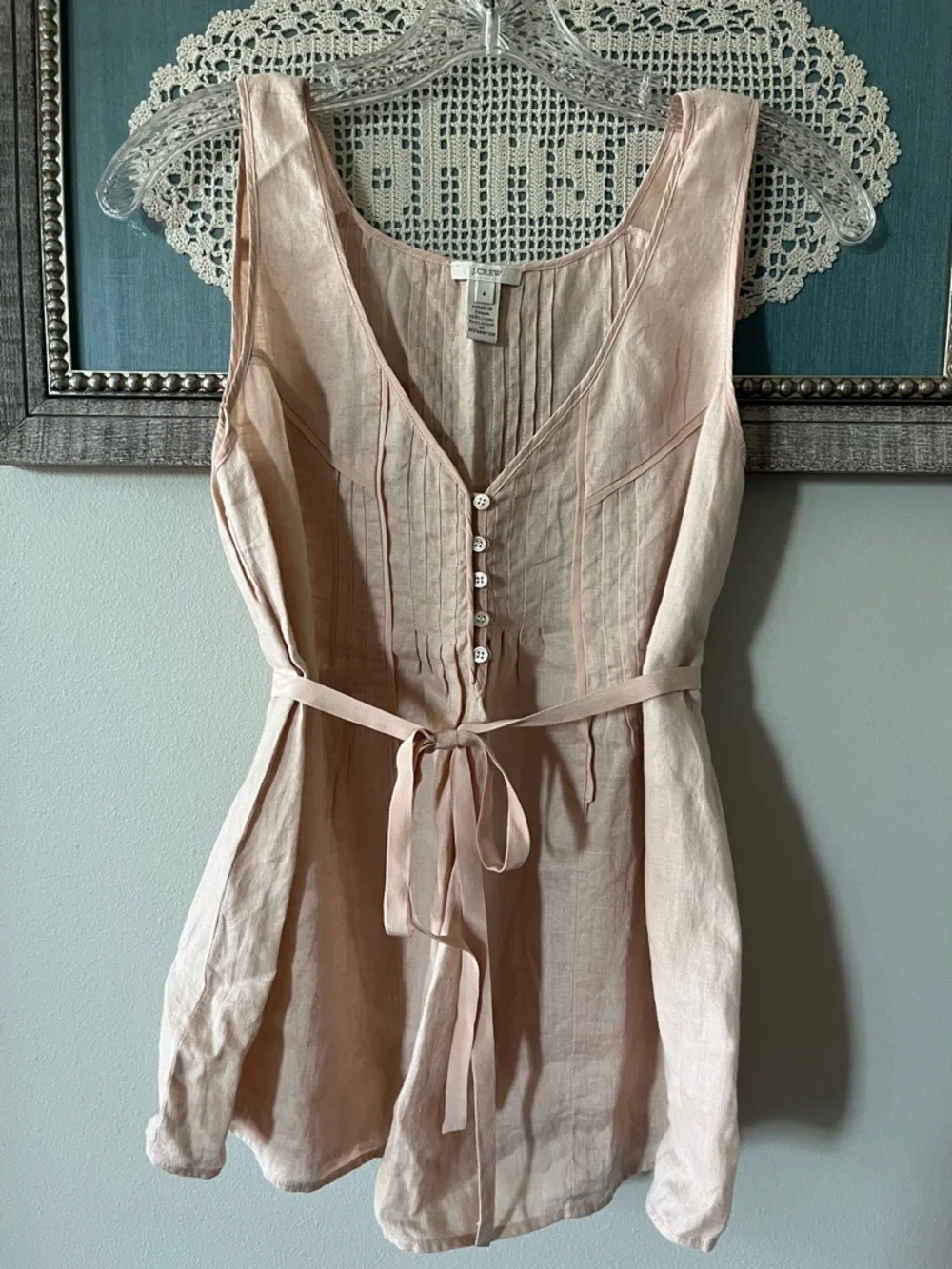 J. Crew Pale Blush Linen Pintuck V-Neck Tank - Picture 1 of 4